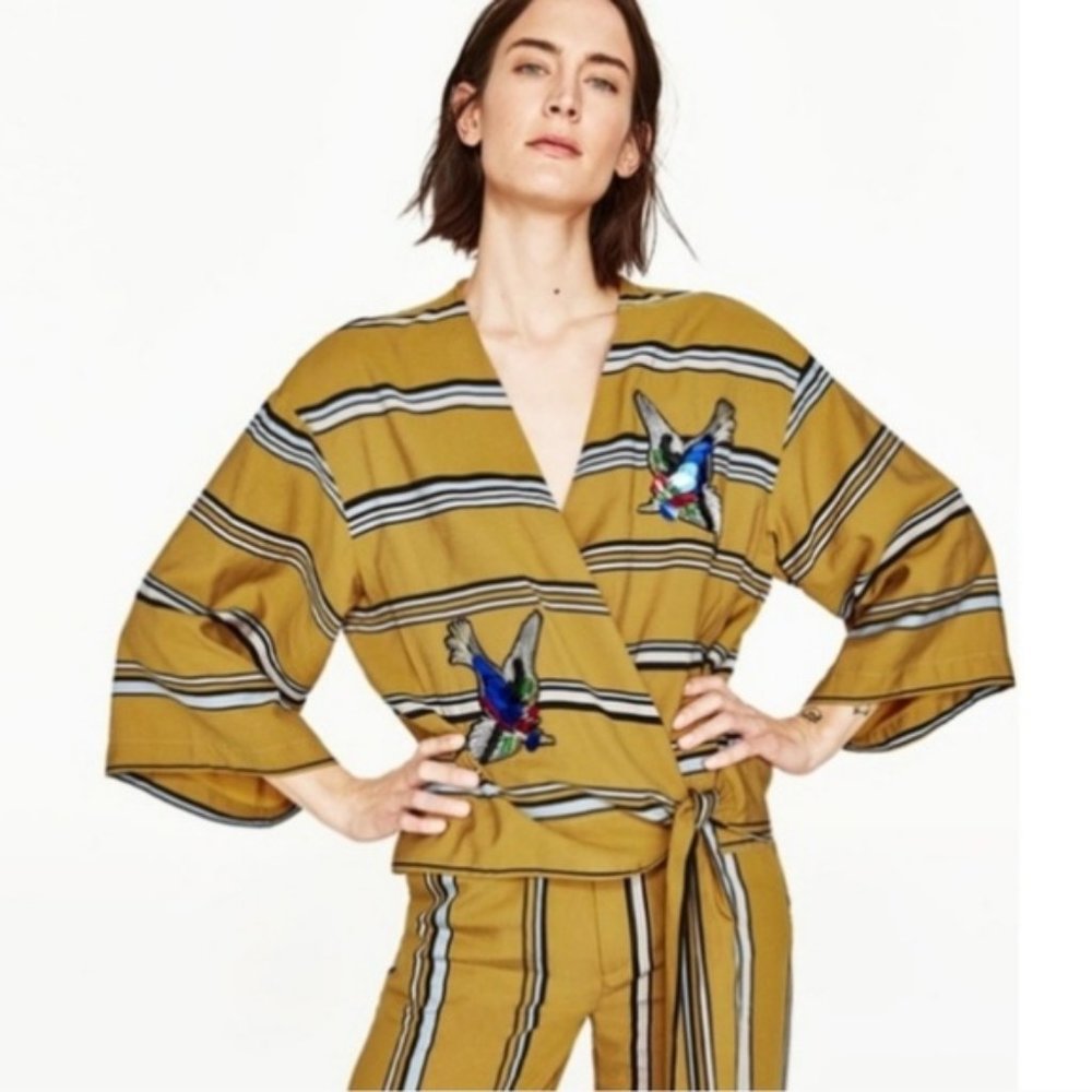 Zara Mustard Embellished Kimono Top XS-S